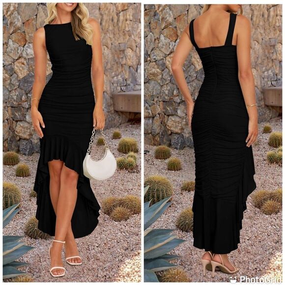 ZESICA Ruched Bodycon Sleeveless Backless Ruffle Mermaid Cocktail Wedding Dress - Picture 1 of 12